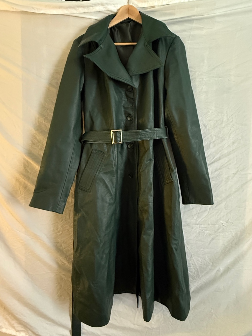 Dark Green Leather Trench Coat with Belt, Custom-made